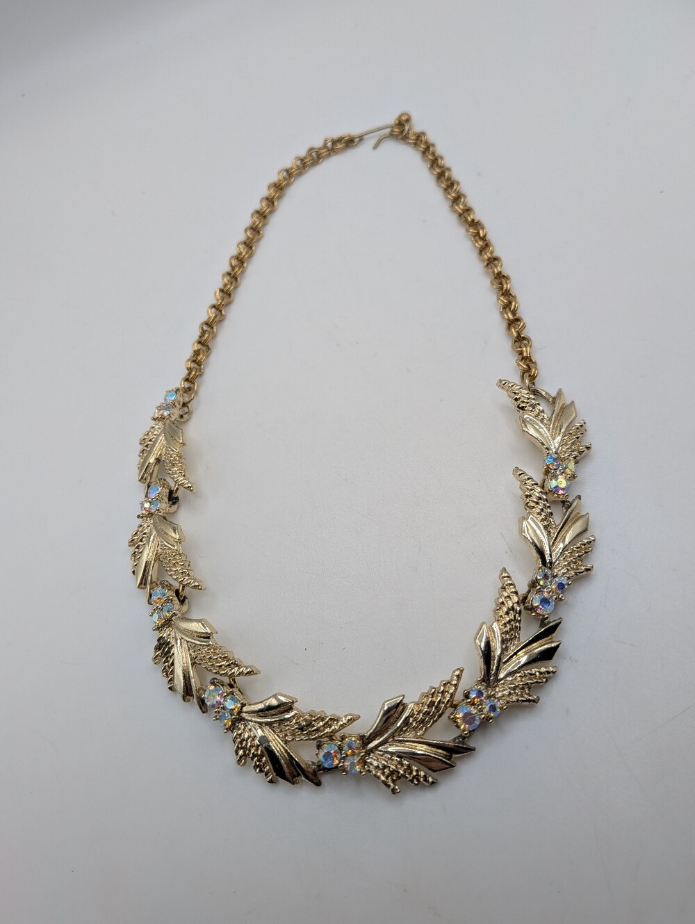 Vintage Cora Gold Tone Collar Necklace, Blue Rhinestone, Leaf Design, 14"-16"